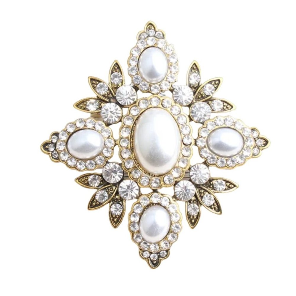 Imitation Pearl & Clear Crystal Brooch Gold Tone